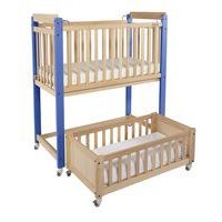 Lit crèche Duo 2 niveaux, lit haut fixe, lit bas mobile, piétement bleu - Image principale