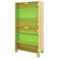Bibliothèque Confetti avec pieds - étagères et 4 portes en verre bouleau/vert - Image principale
