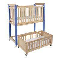 Lit crèche Duo 2 niveaux, lit haut fixe, lit bas mobile, piétement bleu - Image principale