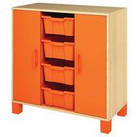 Meuble bas Confetti avec pieds - 4 bacs et portes bouleau/orange - Image principale