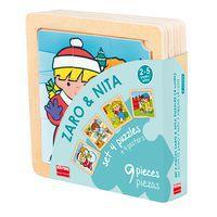 Lot 4 puzzles de 9 pièces en bois sur plateau en bois - Akros
