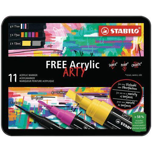 Illustration de : Kit de 11 feutres free acrylique pointes mixtes - Stabilo