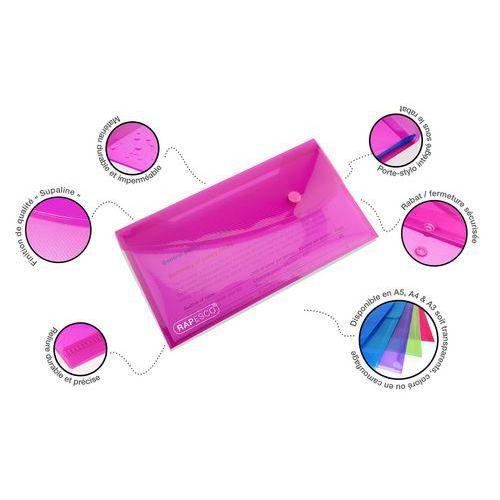 Illustration de : Lot de 5 pochettes enveloppe à pression DL (99x210) assorties- Rapesco