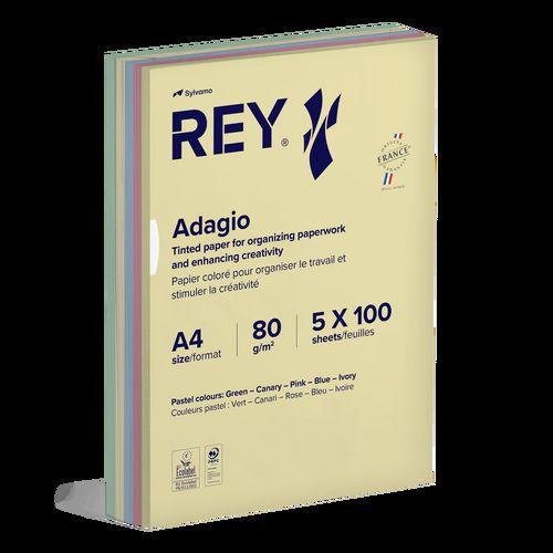 Illustration de : Ramette 500 feuilles A4 80g 5 teintes pastel assorties - Rey