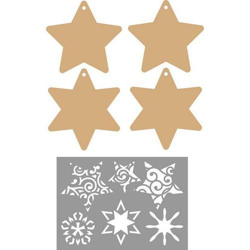 Illustration de : Lot de 4 étoiles en MDF à décorer + modèles pochoirs