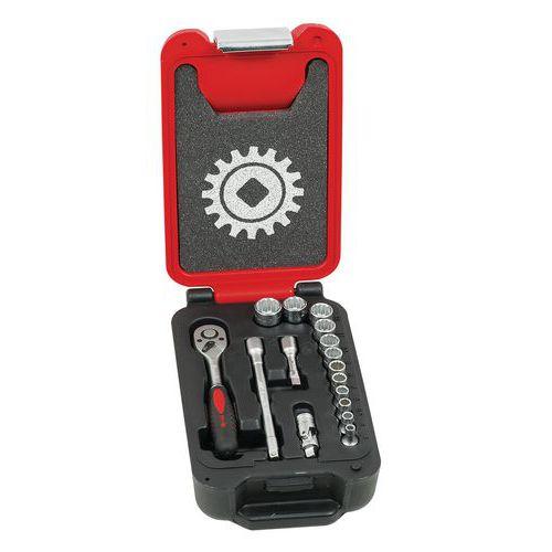 Illustration de : Coffret box 1/4'' 16 pièces 12 pans cliquet poire