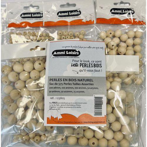 Illustration de : Sachet 575 perles bois brut différents diamètres - Ammi