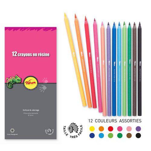 Illustration de : Etui de 12 crayons couleurs 18 cm résine - Pichon