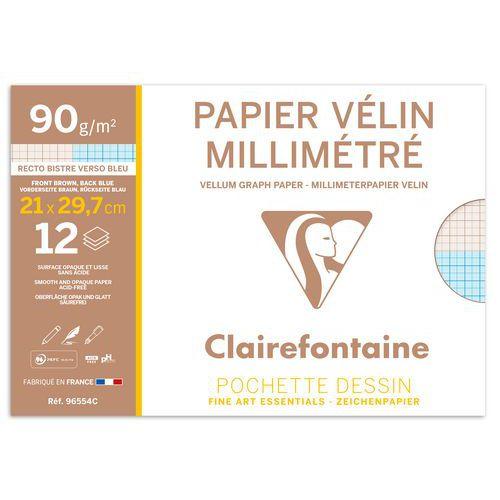 Illustration de : Pochette 12 feuilles millimétrées 21x29,7cm 90g - Clairefontaine
