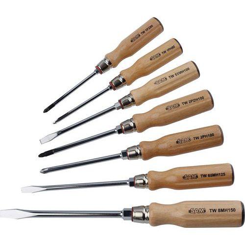 Illustration de : Jeu de 7 tournevis manche bois, fente, Phillips®, Pozidriv®