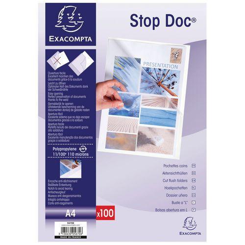 Illustration de : Etui carton 100 pochettes coin stop doc PP lisse 11/100e A4