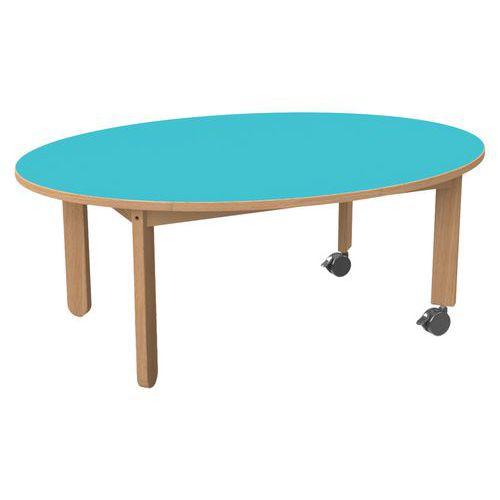 Illustration de : Table Lili avec roulettes piétement hêtre plateau ovale