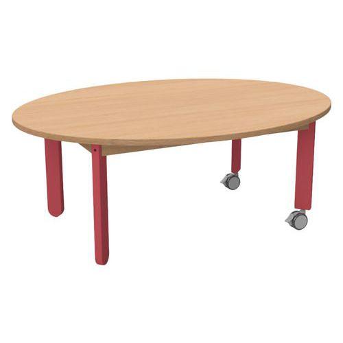 Table Lili avec roulettes, plateau ovale hêtre, piétement bois couleur thumbnail image 1