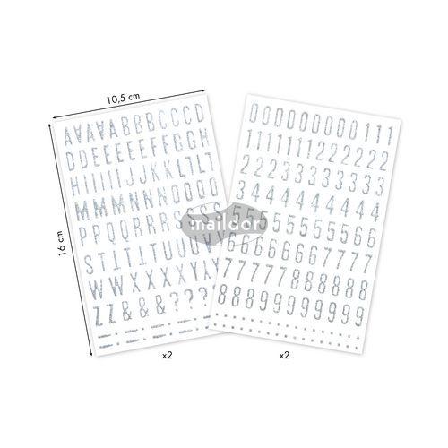 Illustration de : Etui 228 gommettes glitty alphabet / chiffres, argent - Maildor