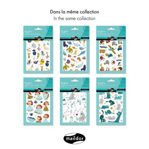 Illustration de : Etui 30 gommettes puffy licornes - Maildor
