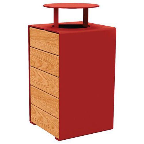Poubelle Kub 120 L acier/bois avec couvercle - rouge 3004/chêne clair thumbnail image 1