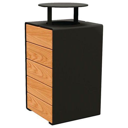 Poubelle Kub 120 L acier/bois avec couvercle - noir 9005/chêne clair thumbnail image 1