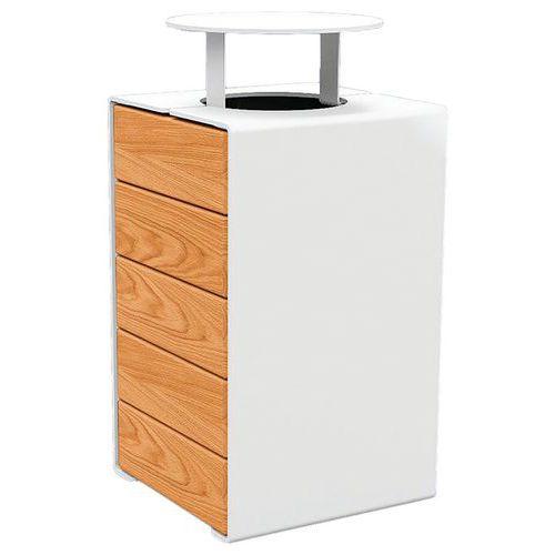Poubelle Kub 120 L acier/bois avec couvercle - blanc 9010/chêne clair thumbnail image 1