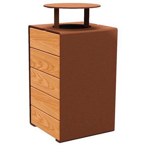 Poubelle Kub 120 L acier/bois couvercle - aspect corten/chêne clair thumbnail image 1