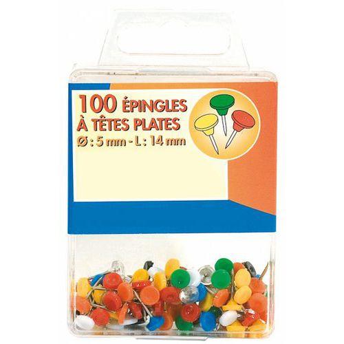 Illustration de : Boite 100 épingles signalisation tête plate couleurs assorties - Sign