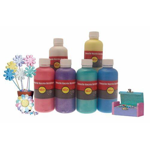 Illustration de : Assortiment de 6 flacons de 250ml de gouache acrylique nacrée - Pichon