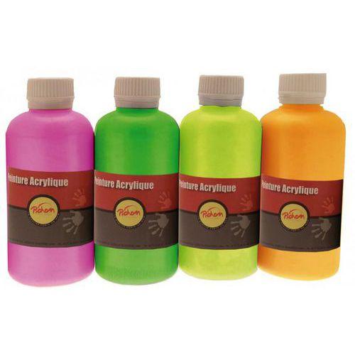 Illustration de : Assortiment de 4 flacons 250 ml gouache acrylique fluo - Pichon