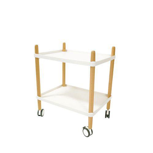 Illustration de : Desserte mobile 2 plateaux pied hêtre plateaux polypropylène coloris Blanc