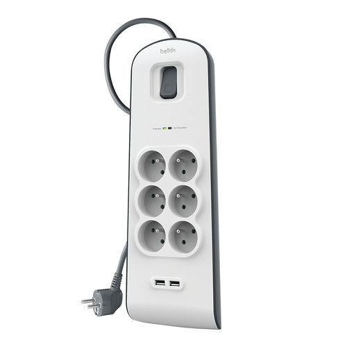 Parafoudre 6 prises 650 Joules et 2 USB 2.0 avec cordon 2 m thumbnail image 1