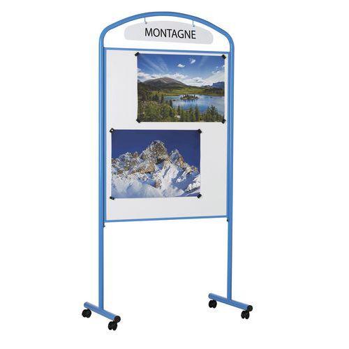 Illustration de : Présentoir tôle laquée cadre métal  sur roulettes