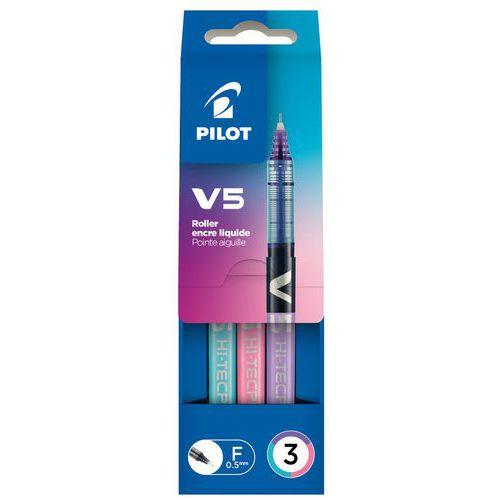 Illustration de : Pochette 3 rollers V5 0,5 mm rose/turquoise/violet - Pilot