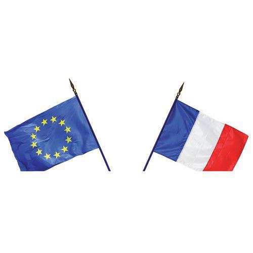 Pack porte drapeau 2 branches + drapeaux France et UE 60 x 90 cm sur hampe bois thumbnail image 1