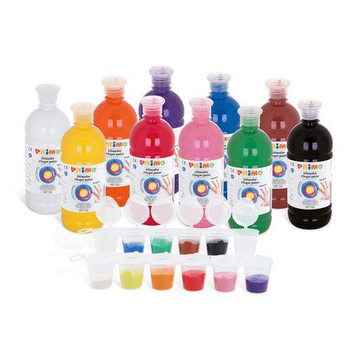Illustration de : Assortiment 10 flacons 750ml gouache aux doigts + 8 réservoirs - Primo