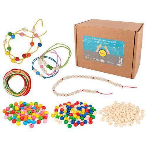 Lot de 3000 perles bois Ø10mm assorties + 30 m fils thumbnail image 1