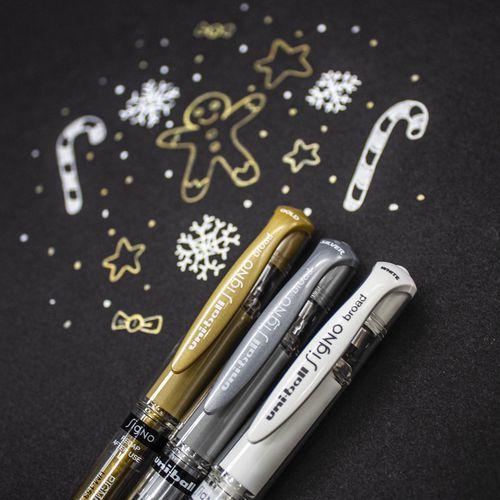 Illustration de : Pochette de 4 stylos roller Signo coloris blanc et métal - Uni-Ball