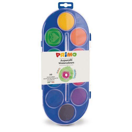 Illustration de : Bloc 10 godets gouache pastille diamètre 44mm + pinceau - Primo
