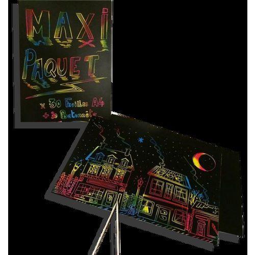 Illustration de : Set 30 feuilles A4 papier à gratter multicouleur + 30 bâtonnets - Ammi