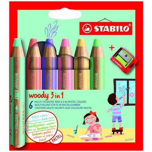 Illustration de : Etui 6 crayons woody pastel + 1 taille-crayon - Stabilo