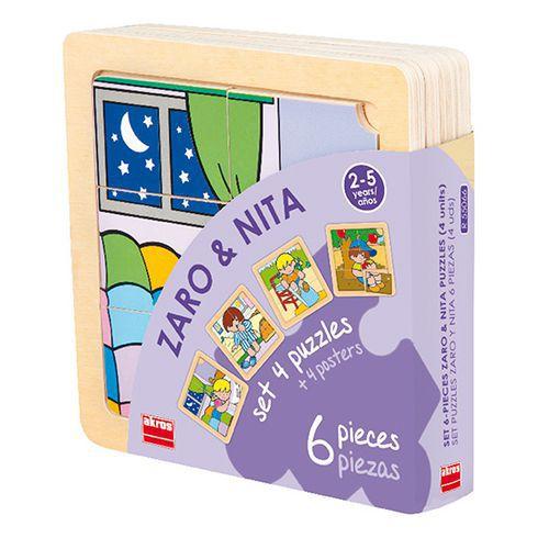 Lot 4 puzzles de 6 pièces en bois sur plateau plastique thumbnail image 1