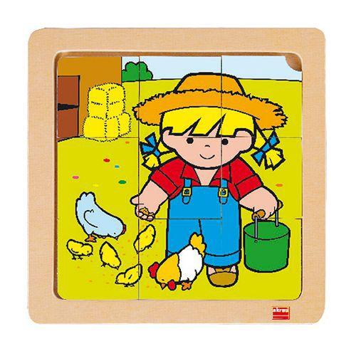 Illustration de : Lot 4 puzzles de 9 pièces en bois sur plateau en bois - Akros