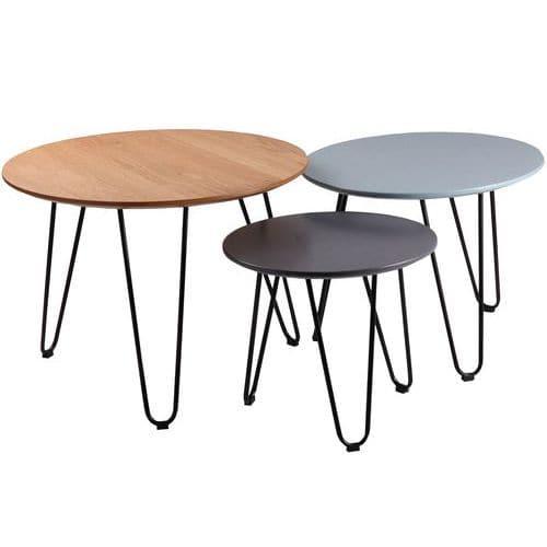 Lot de 3 tables gigognes Nero diamètre 60-50-40 cm Chêne/Bleu/Gris thumbnail image 1