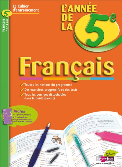 Cahiers de l'annee de francais 5e 2008 - le cahier d'entrainement 12-13ans - Image principale