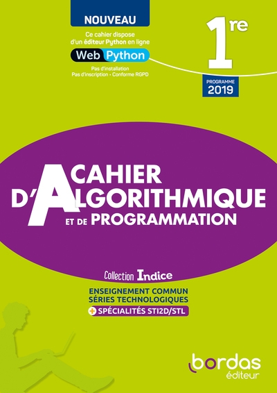 Indice maths 1ère voie technologique 2022 cahier d'algorithmique et de programmation élève - Image principale