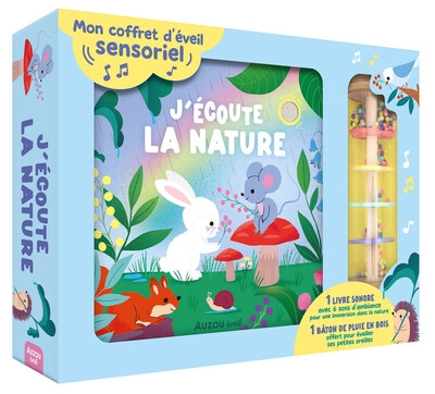 Mon coffret d'éveil sensoriel - j'écoute la nature - un livre sonore avec 6 sons d'ambiance pour une immersion dans la nature et un bâton de pluie en bois offert pour éveiller ses petites oreilles ! - Image principale