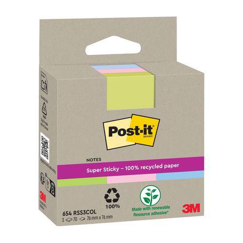Illustration de : Lot 3 blocs 70 feuilles recyclées 76 x 76 mm couleur - Post-it