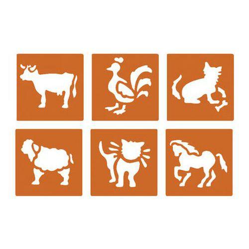 Illustration de : Pochette 6 pochoirs plastique lavable 14,5 x 14,5 cm