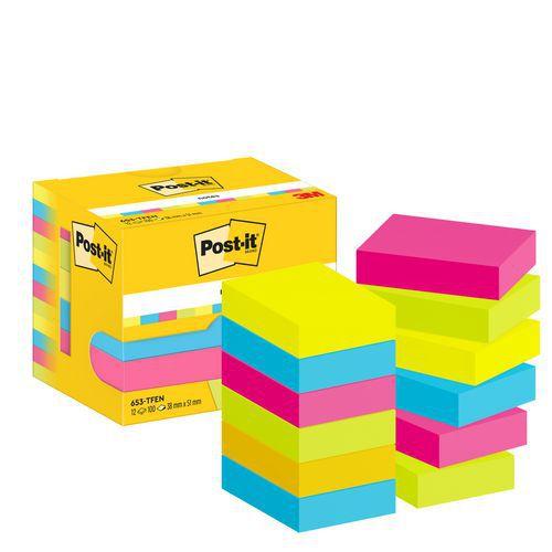 Illustration de : Lot 12 blocs 100 feuilles repositionnables 51x38 mm coul ass - Post-it
