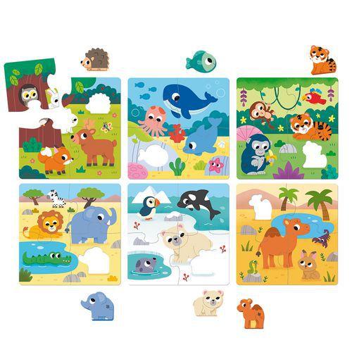 Illustration de : 6 puzzles habitat en bois 4 pièces - Goula