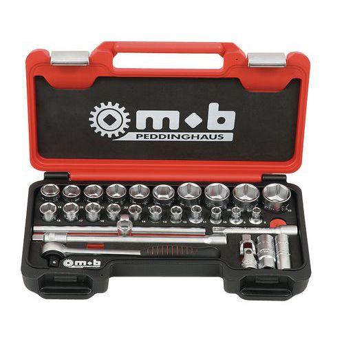 Illustration de : Coffret box 1/2'' 28 pièces, 6 pans, cliquet rond, mousse