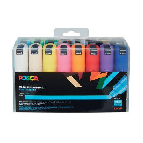 Illustration de : Set 16 markers assortis pointe large biseautée - Posca
