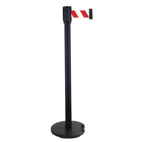 Illustration de : Poteau noir à sangle 2 m - Socle à roulettes - Manutan Expert